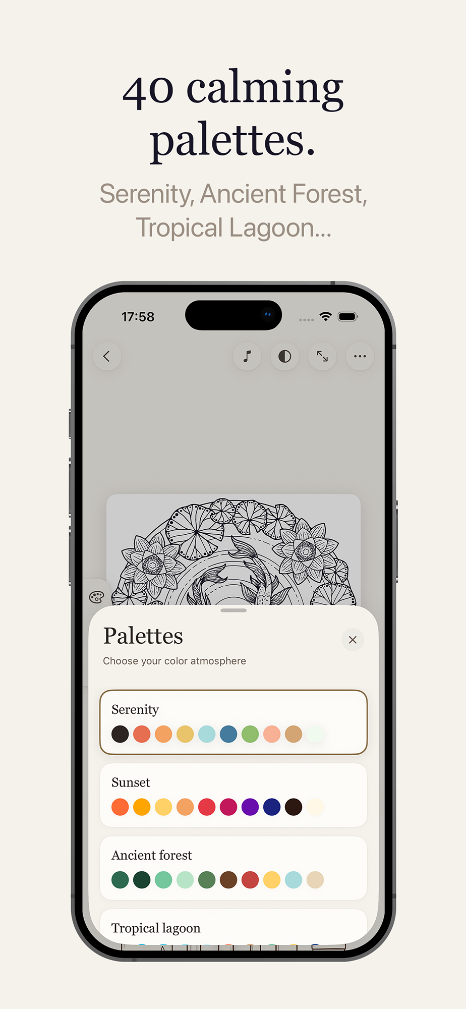 40 calming palettes: Serenity, Ancient Forest, Tropical Lagoon