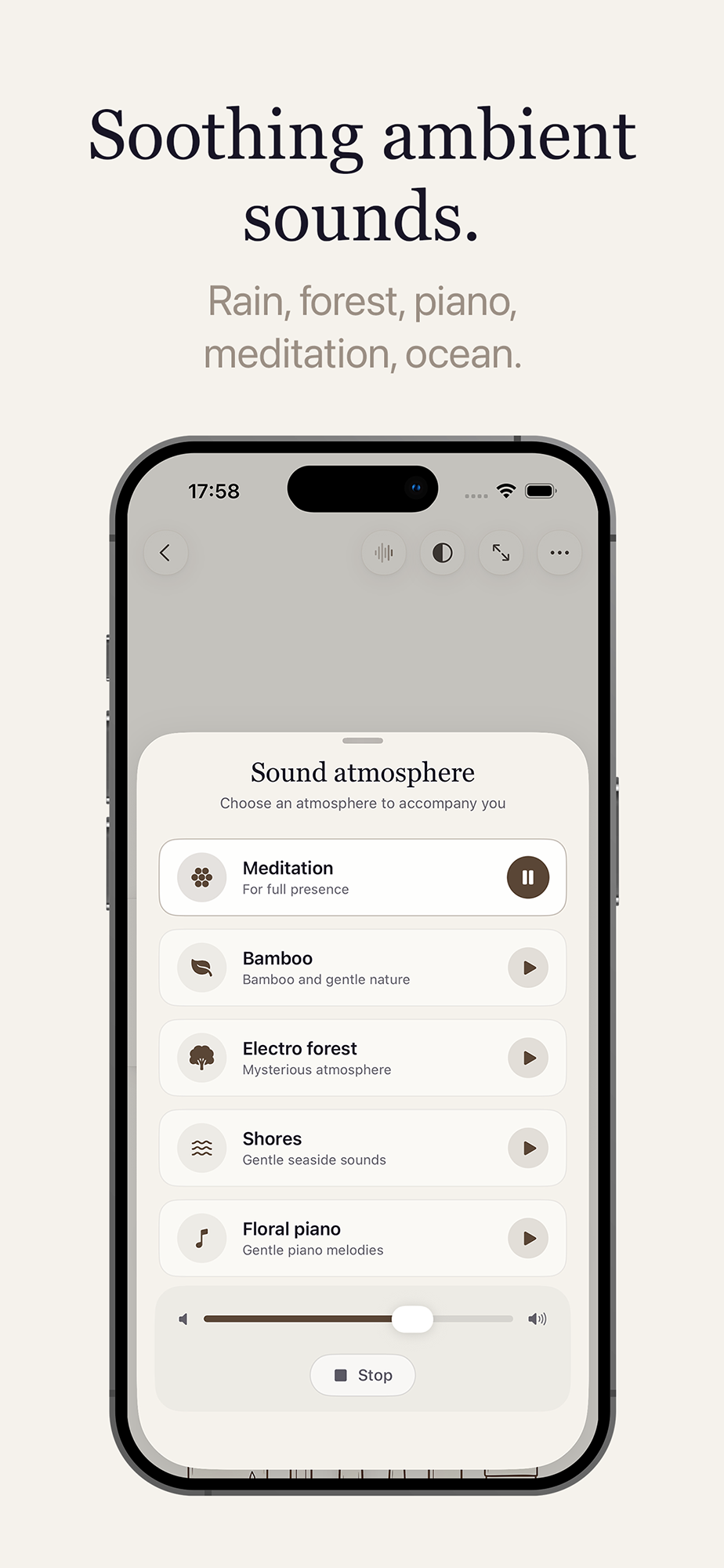 Soothing ambient sounds: rain, forest, piano, meditation, ocean